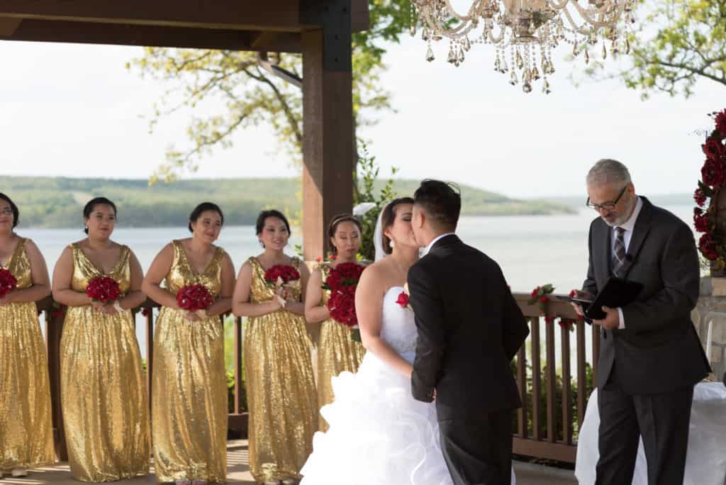 outdoor wedding, bridesmaids dress, gold glitter, wedding dress, red roses, rose bouquet